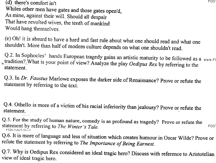 MA Part 1 English Drama Past Paper 2019 Punjab University