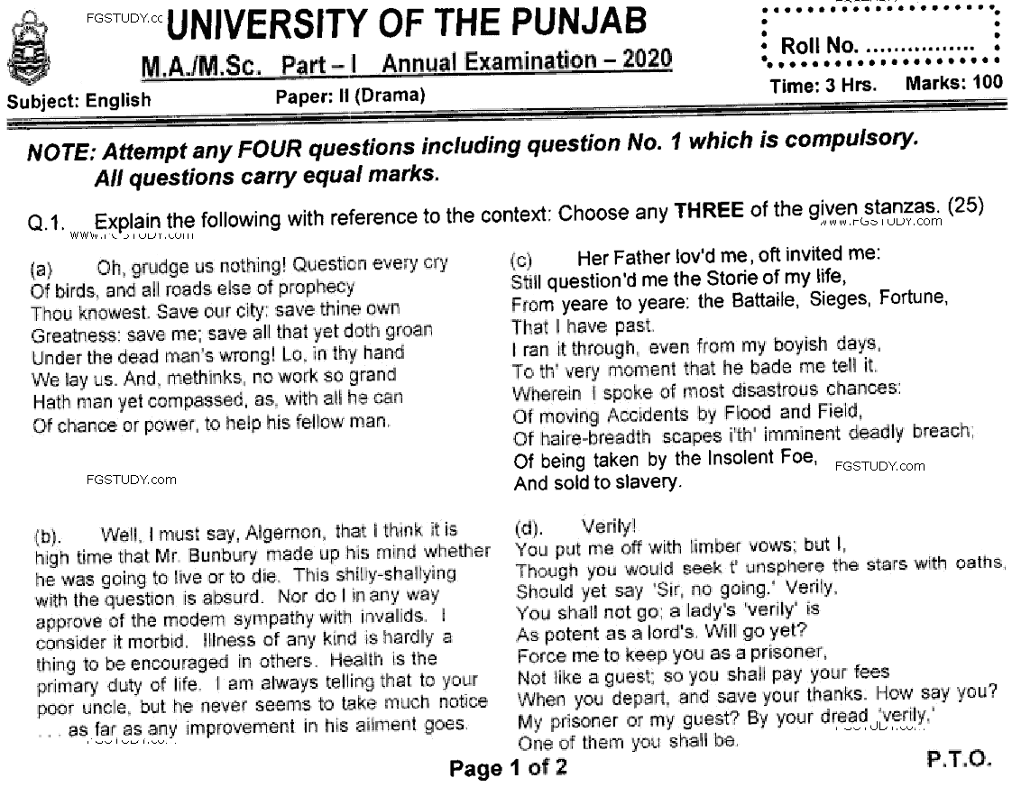 MA Part 1 English Drama Past Paper 2020 Punjab University