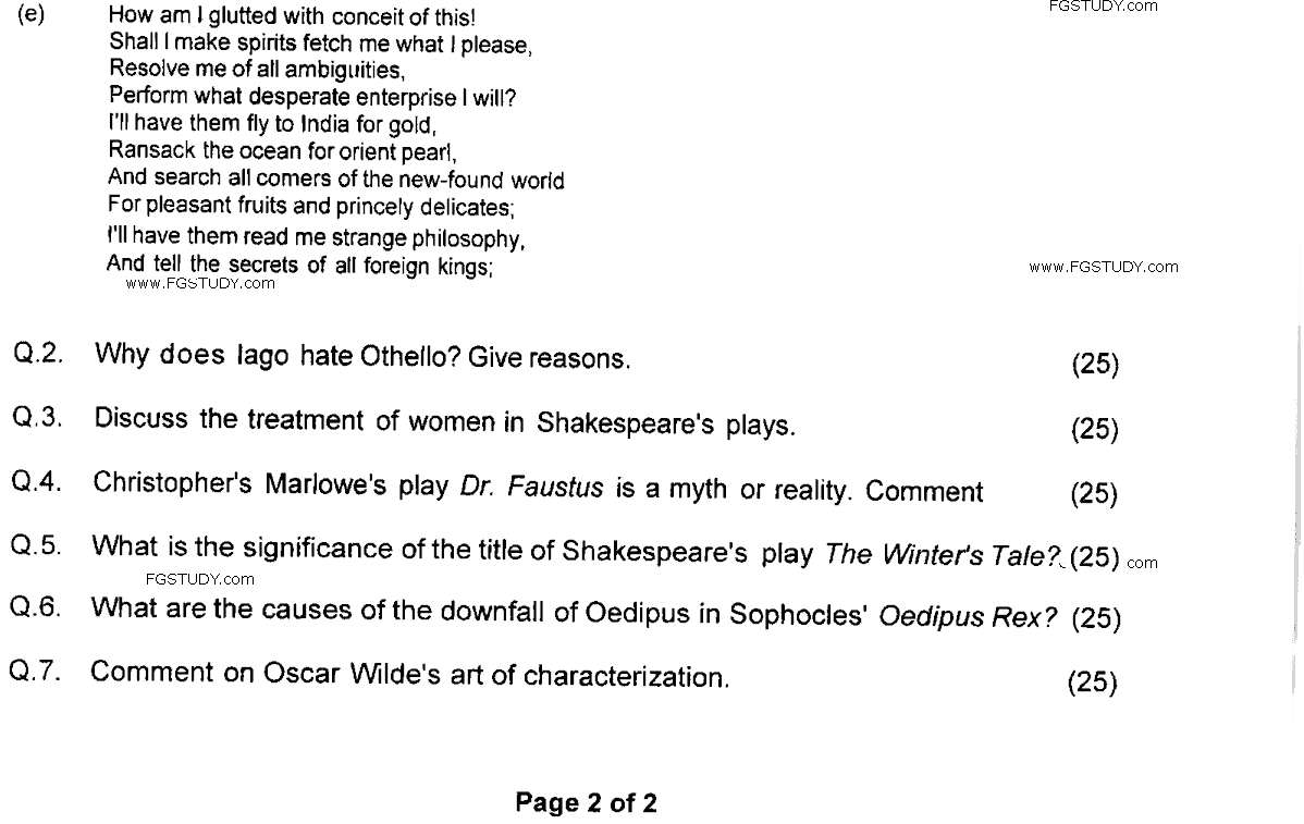 MA Part 1 English Drama Past Paper 2020 Punjab University