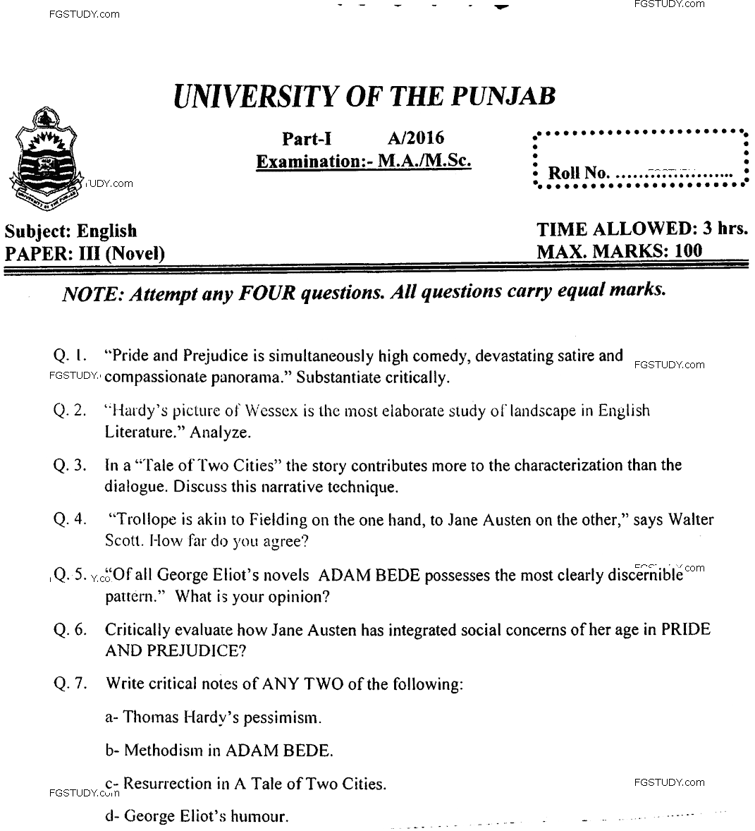 MA Part 1 English Novel Past Paper 2016 Punjab University