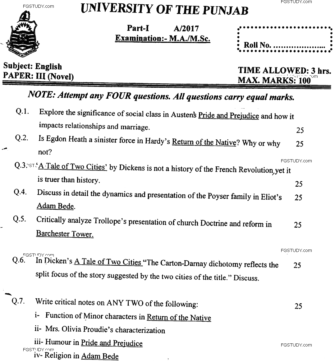 MA Part 1 English Novel Past Paper 2017 Punjab University