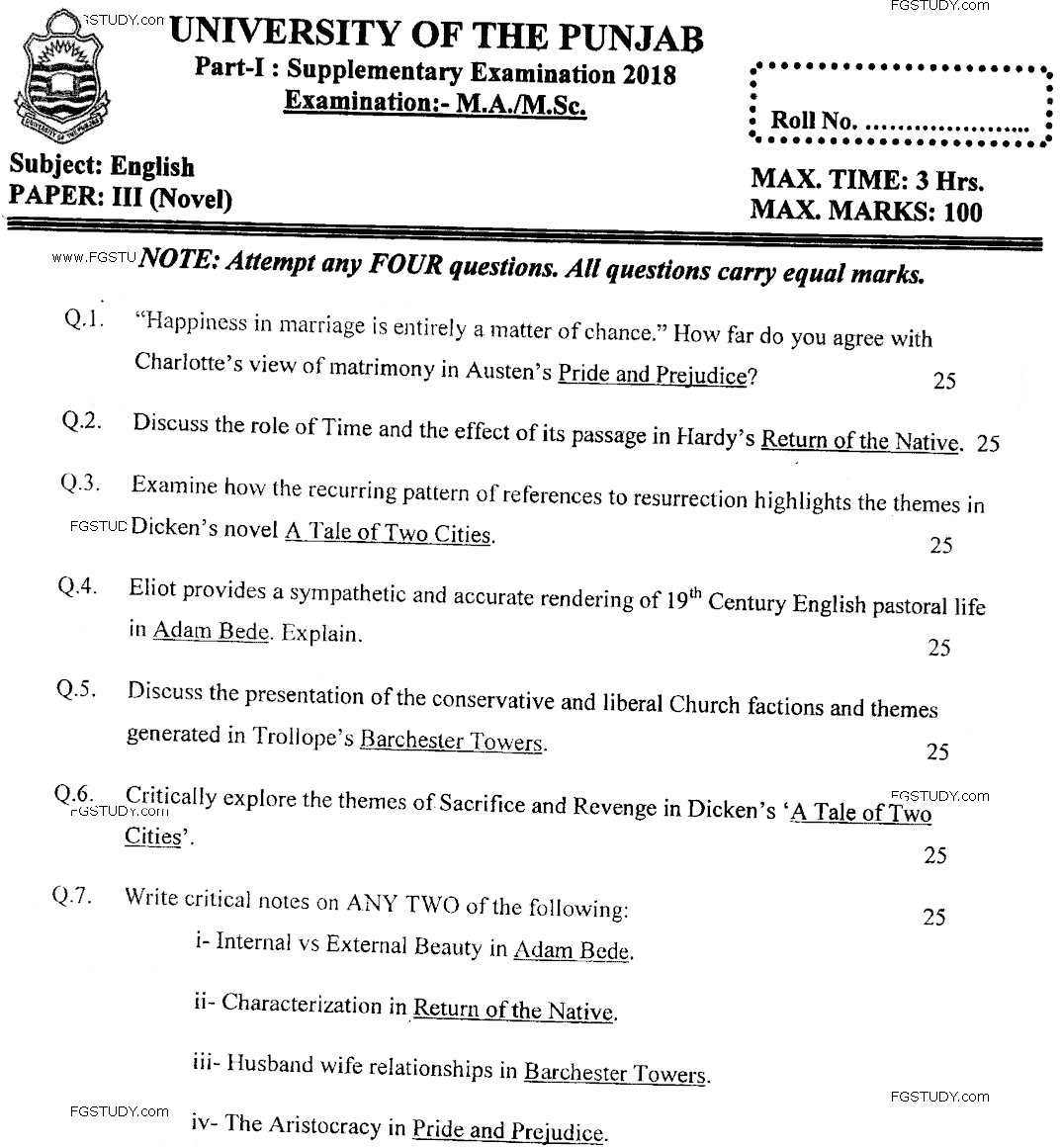 MA Part 1 English Novel Past Paper 2018 Punjab University