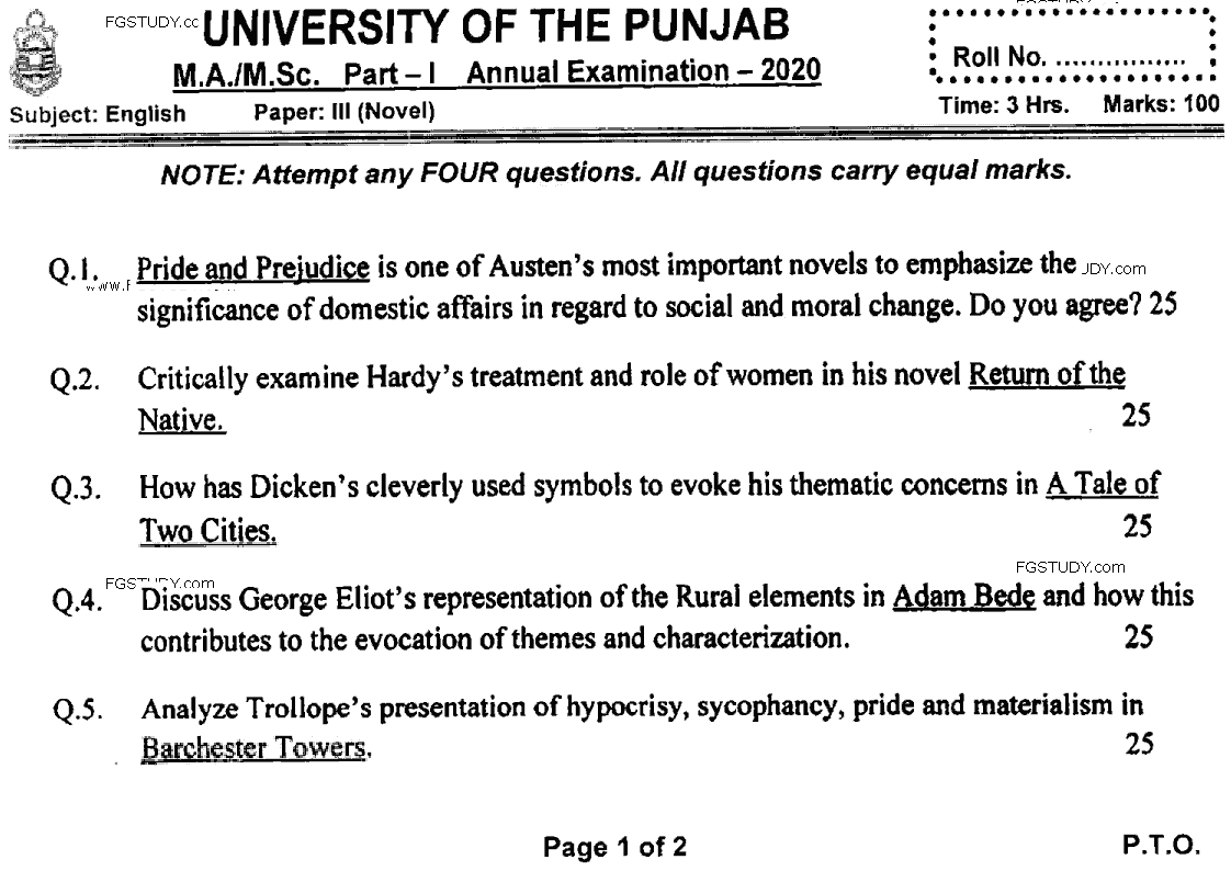 MA Part 1 English Novel Past Paper 2020 Punjab University