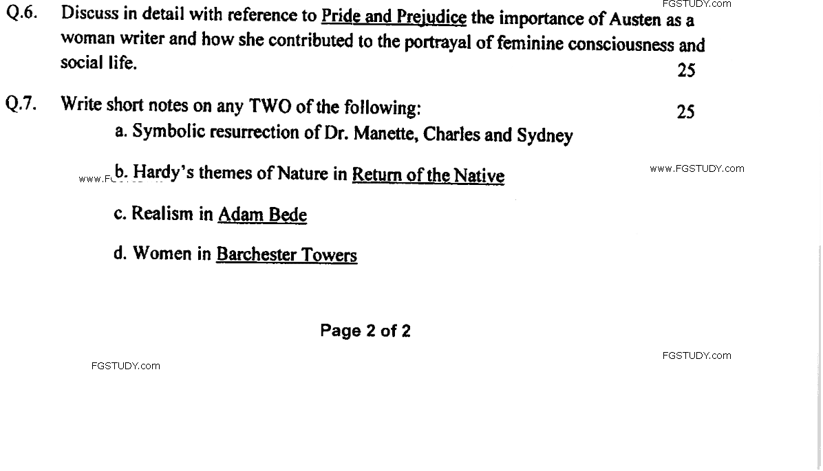 MA Part 1 English Novel Past Paper 2020 Punjab University