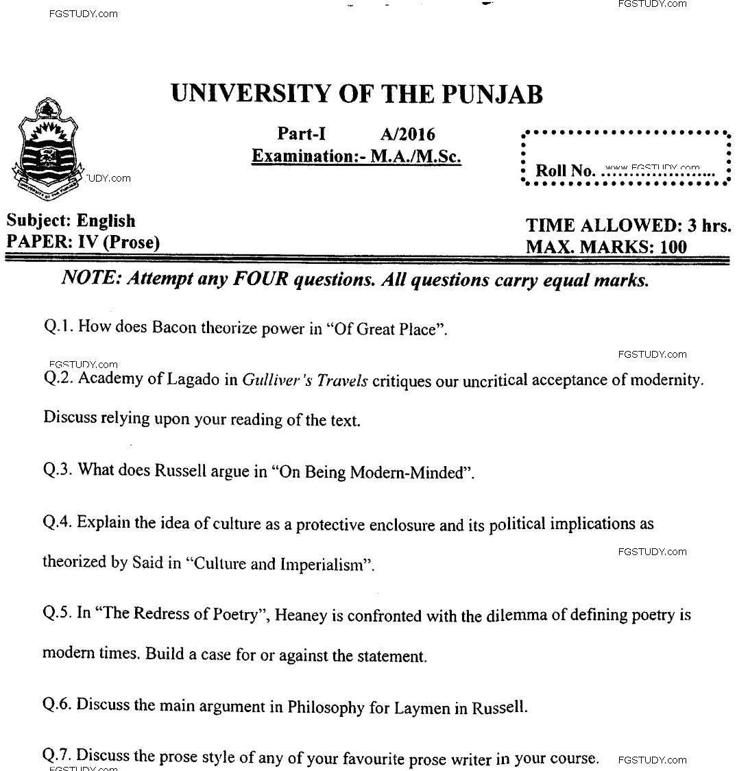MA Part 1 English Prose Past Paper 2016 Punjab University