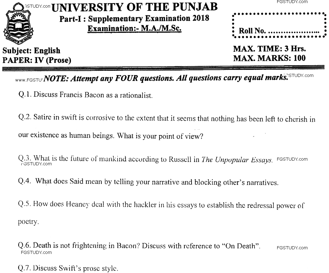 MA Part 1 English Prose Past Paper 2018 Punjab University