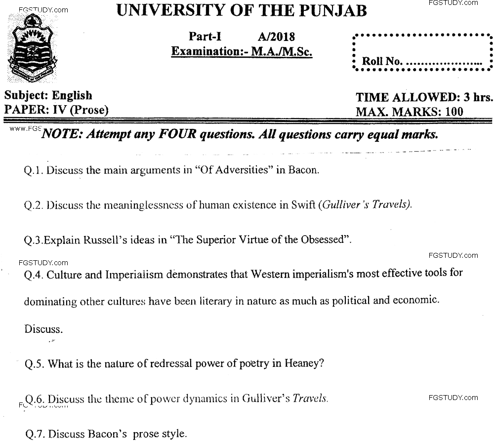 MA Part 1 English Prose Past Paper 2018 Punjab University