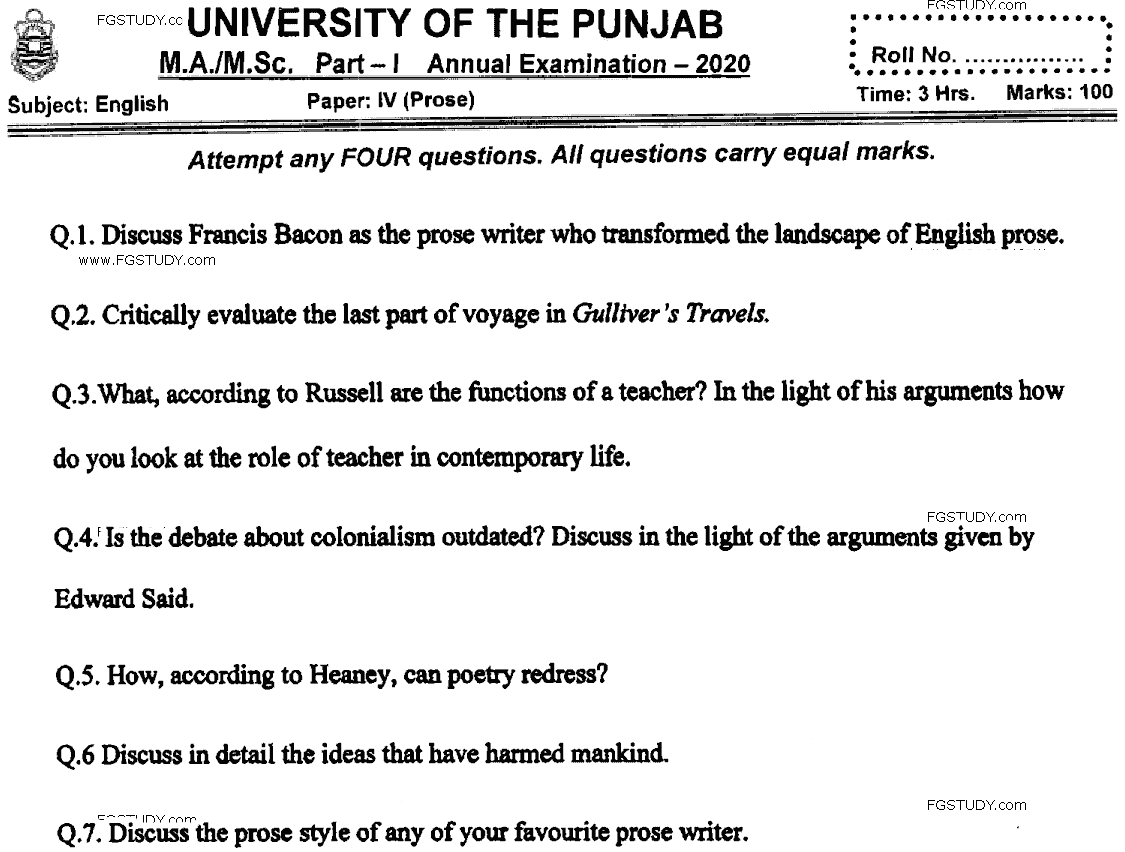 MA Part 1 English Prose Past Paper 2020 Punjab University