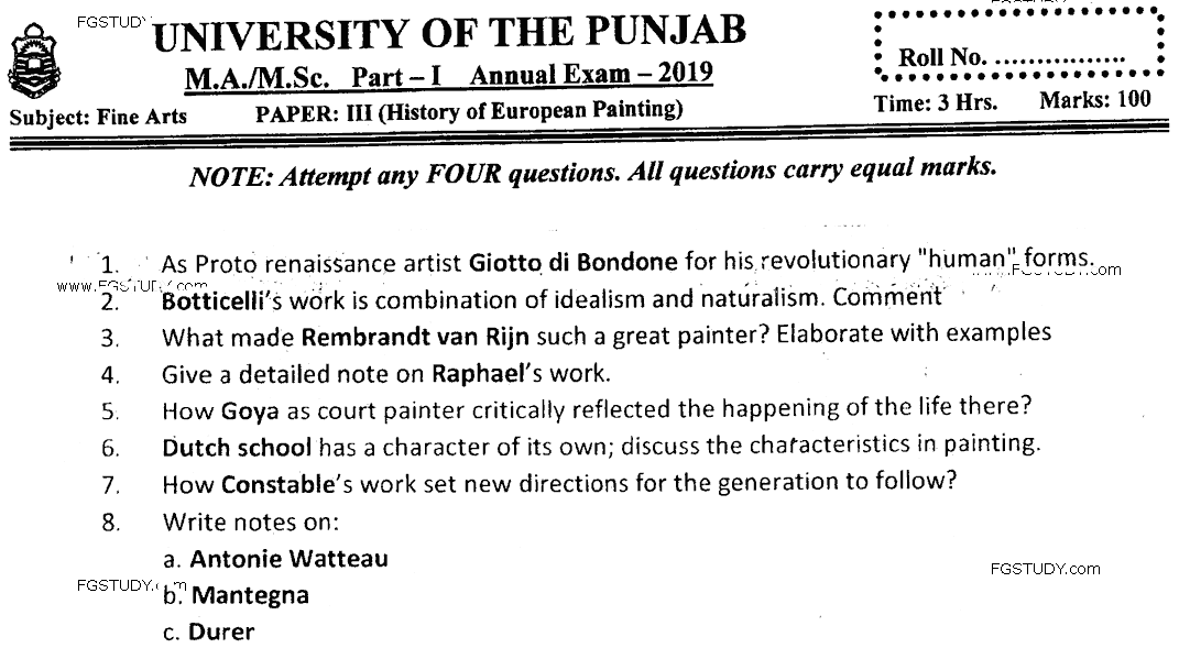 MA Part 1 Fine Arts History Of European Painting Past Paper 2019 Punjab University