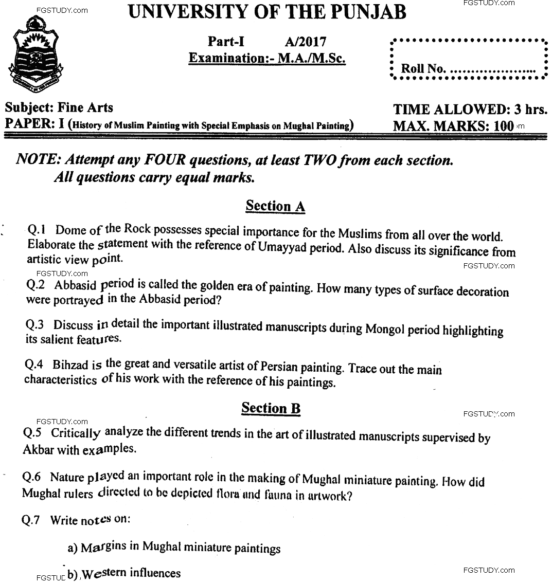 MA Part 1 Fine Arts History Of Muslim Painting With Special Emphesis On Mughal Painting Past Paper 2017 Punjab University
