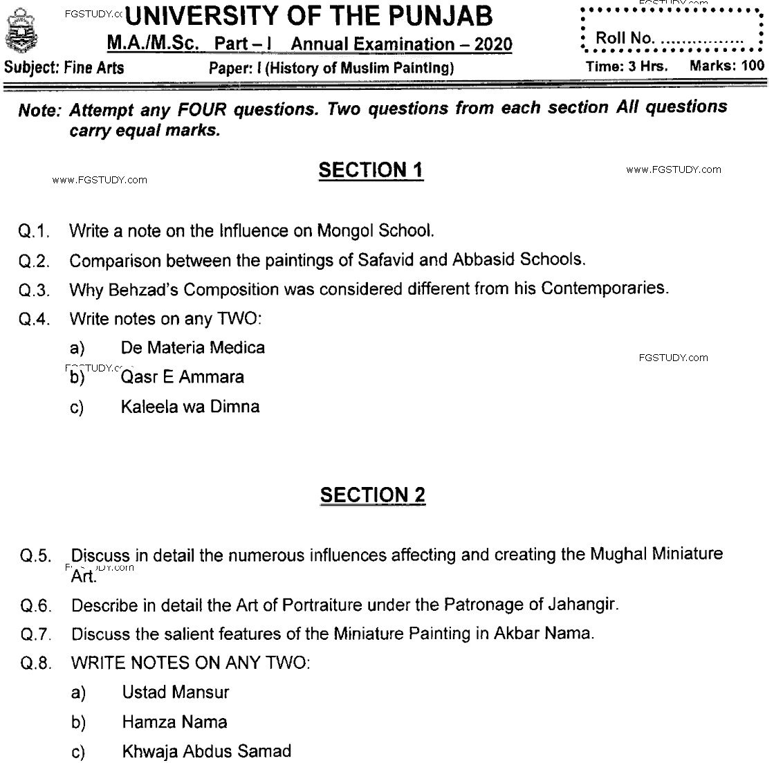 MA Part 1 Fine Arts History Of Muslim Painting With Special Emphesis On Mughal Painting Past Paper 2020 Punjab University