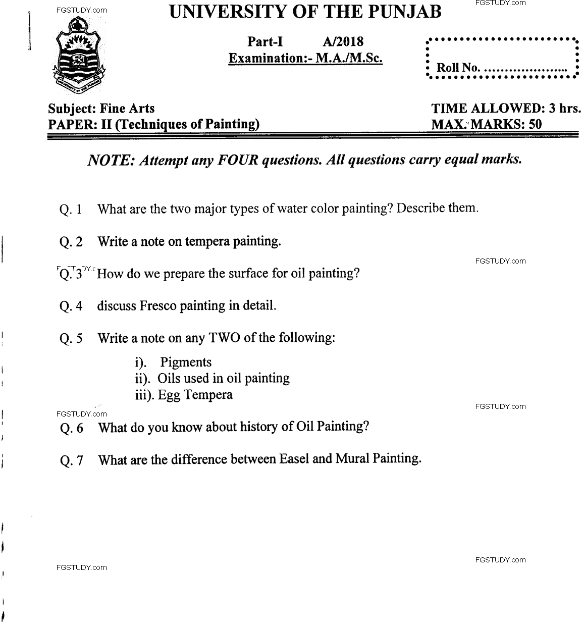 MA Part 1 Fine Arts Techniques Of Painting Past Paper 2018 Punjab University
