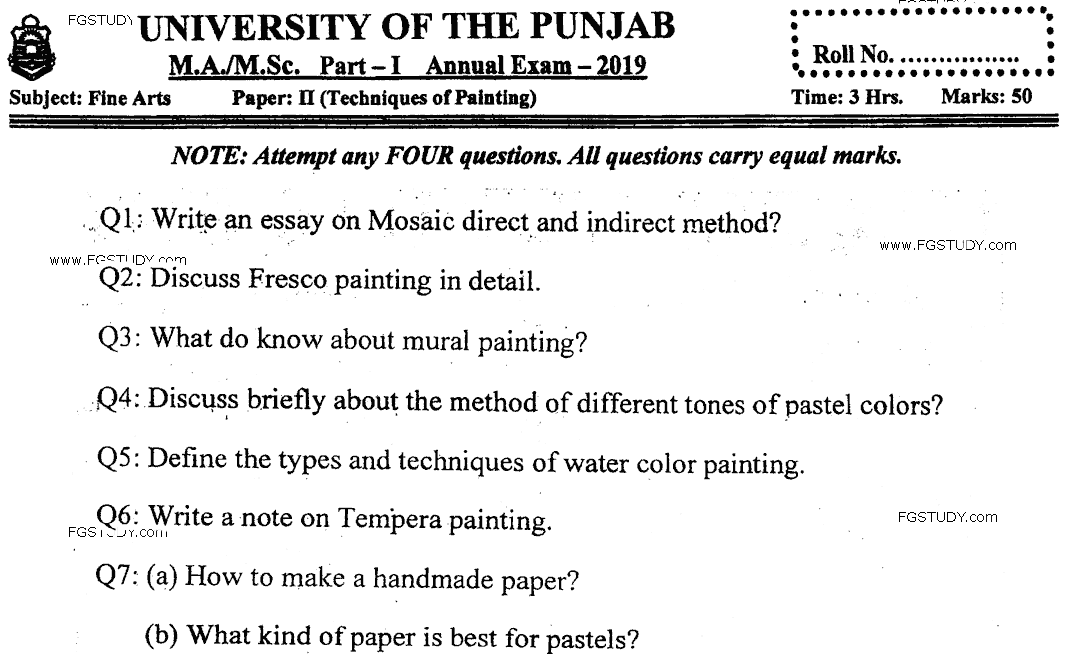MA Part 1 Fine Arts Techniques Of Painting Past Paper 2019 Punjab University