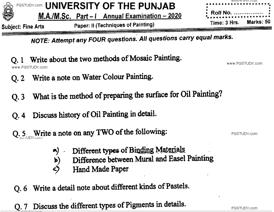 MA Part 1 Fine Arts Techniques Of Painting Past Paper 2020 Punjab University