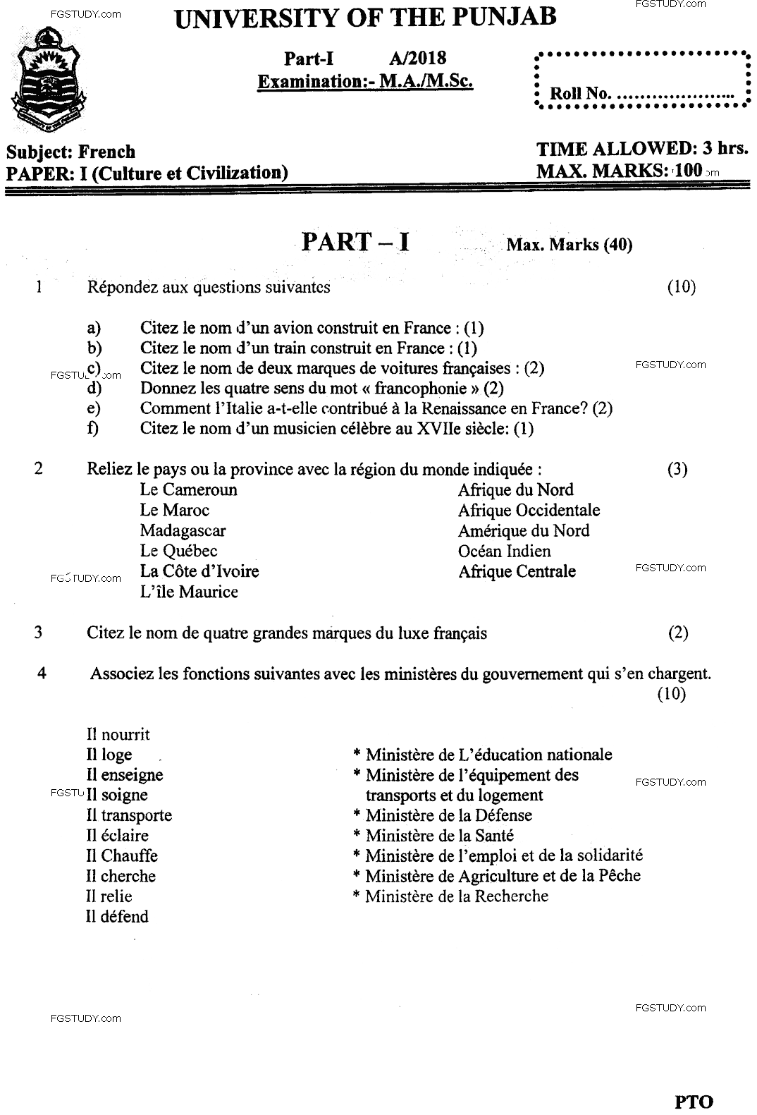 MA Part 1 French Culture Et Civilization Past Paper 2018 Punjab University