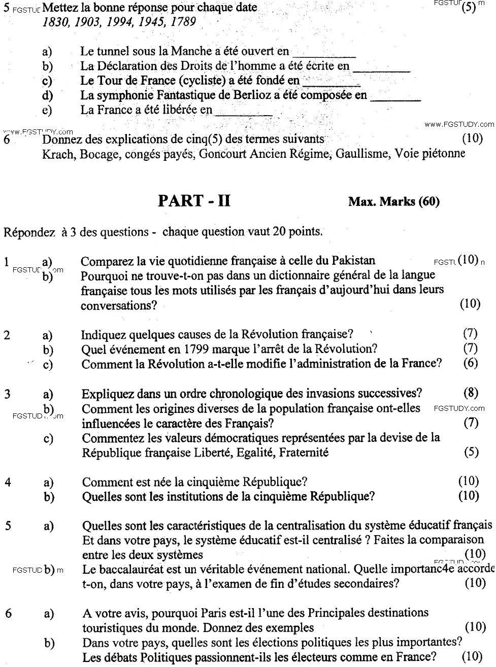 MA Part 1 French Culture Et Civilization Past Paper 2018 Punjab University