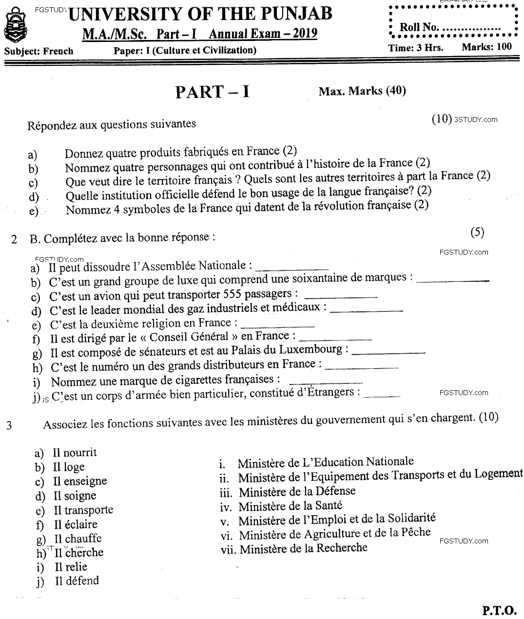 MA Part 1 French Culture Et Civilization Past Paper 2019 Punjab University