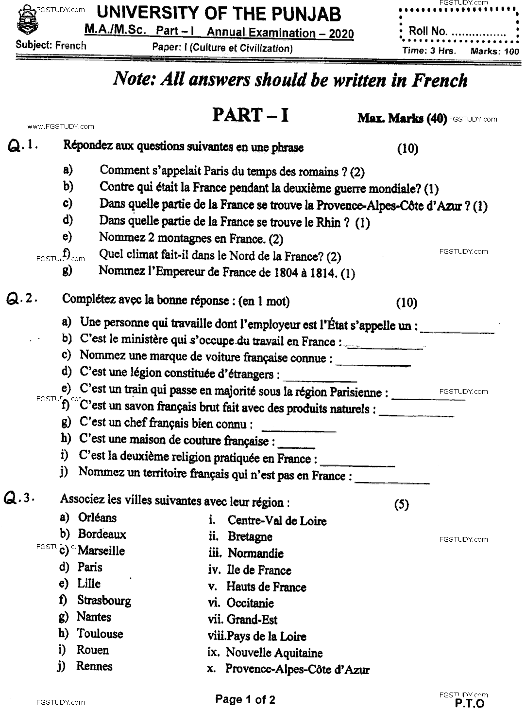 MA Part 1 French Culture Et Civilization Past Paper 2020 Punjab University