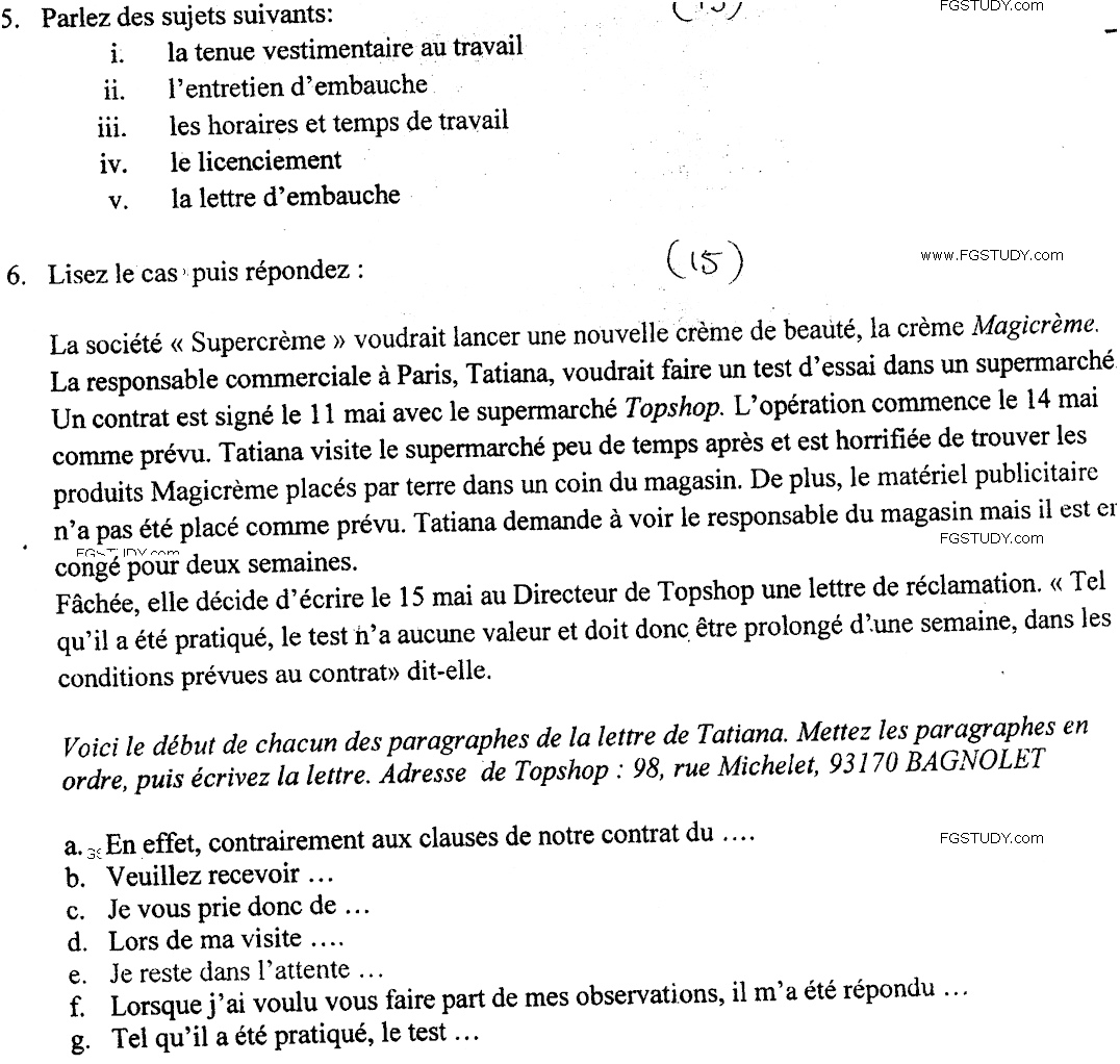 MA Part 1 French Francais Des Professions Past Paper 2018 Punjab University