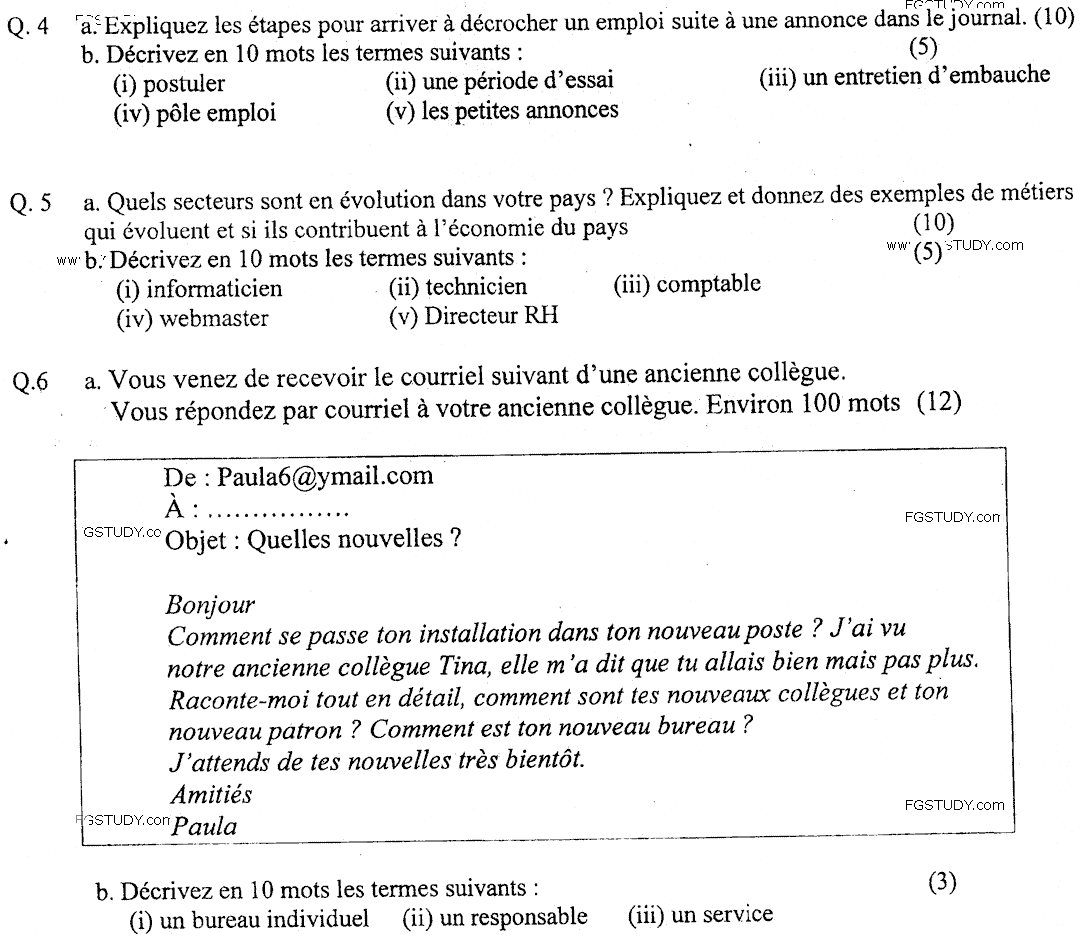MA Part 1 French Francais Des Professions Past Paper 2019 Punjab University