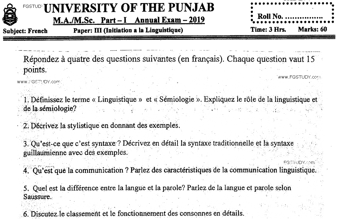 MA Part 1 French Initiation A La Linguistique Past Paper 2019 Punjab University