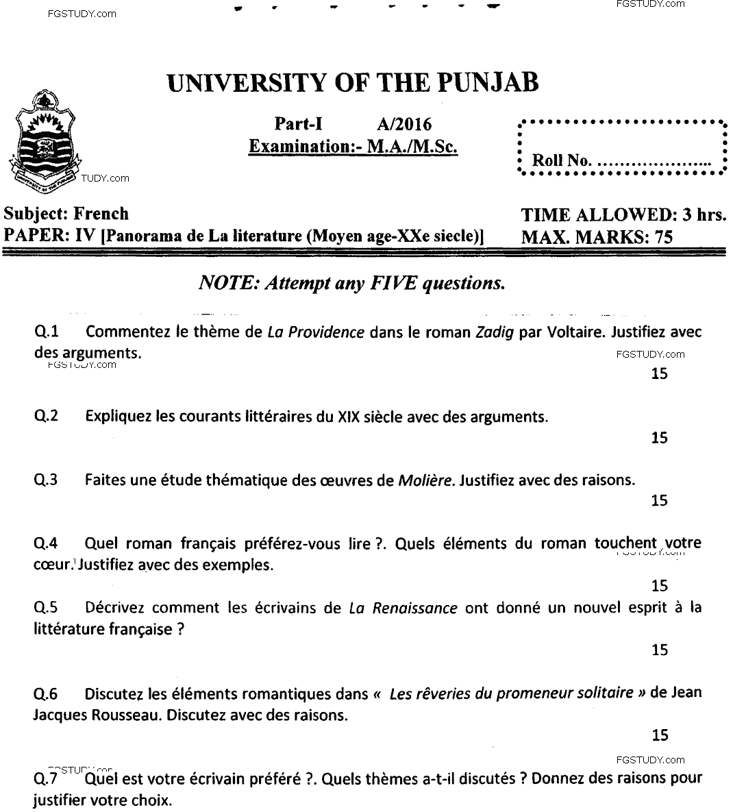 MA Part 1 French Panorama De La Litterature Past Paper 2016 Punjab University