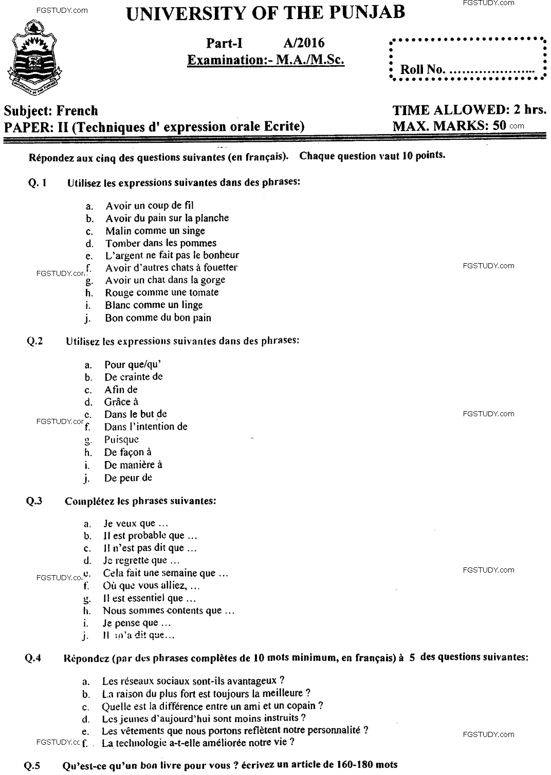MA Part 1 French Techniques D Expression Orale Ecrite Past Paper 2016 Punjab University
