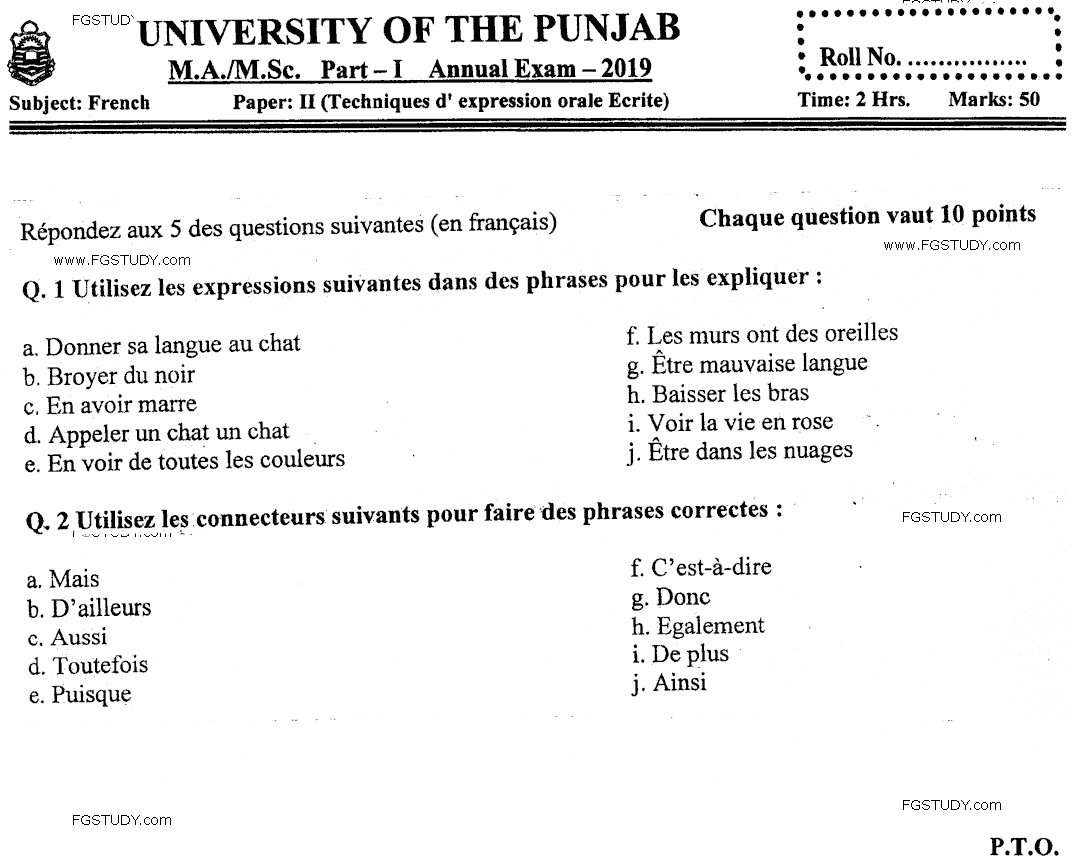 MA Part 1 French Techniques D Expression Orale Ecrite Past Paper 2019 Punjab University