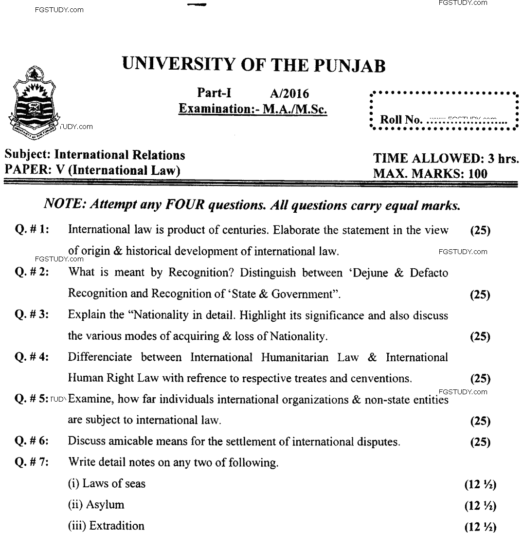MA Part 1 International Relations International Law Past Paper 2016 Punjab University