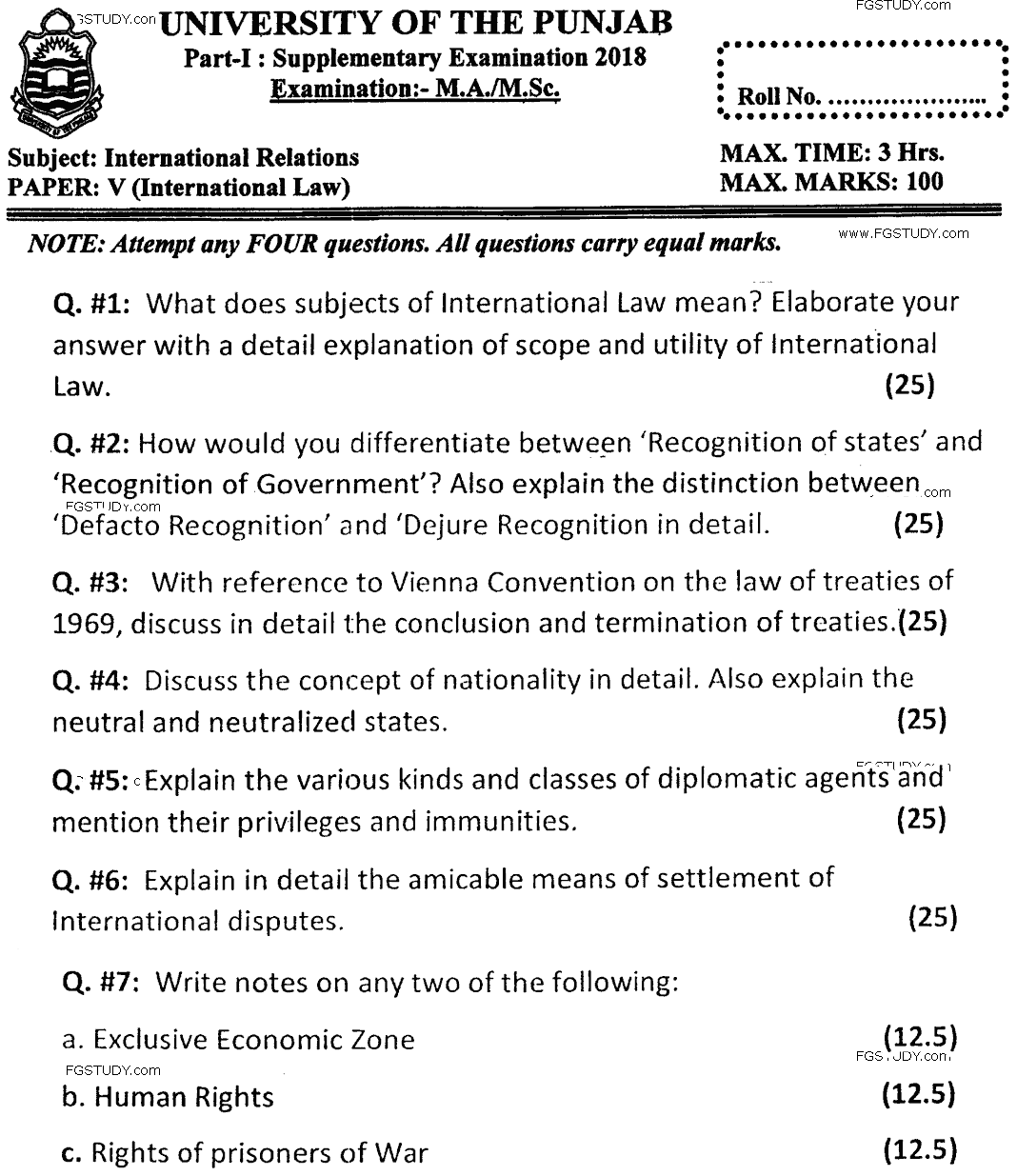 MA Part 1 International Relations International Law Past Paper 2018 Punjab University