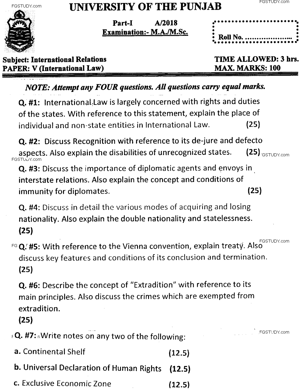 MA Part 1 International Relations International Law Past Paper 2018 Punjab University