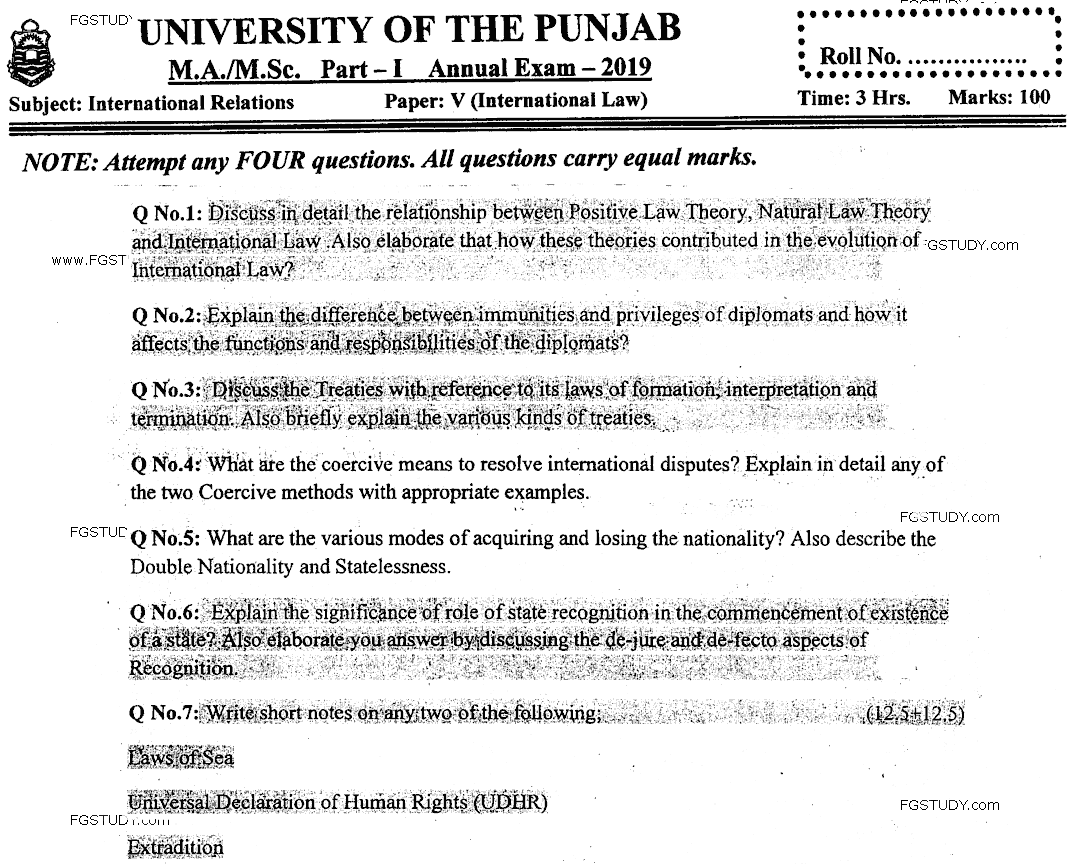 MA Part 1 International Relations International Law Past Paper 2019 Punjab University