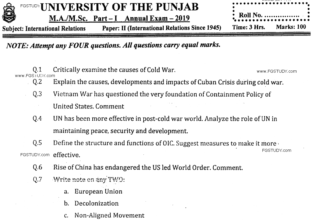 MA Part 1 International Relations International Relations Since 1945 Past Paper 2019 Punjab University