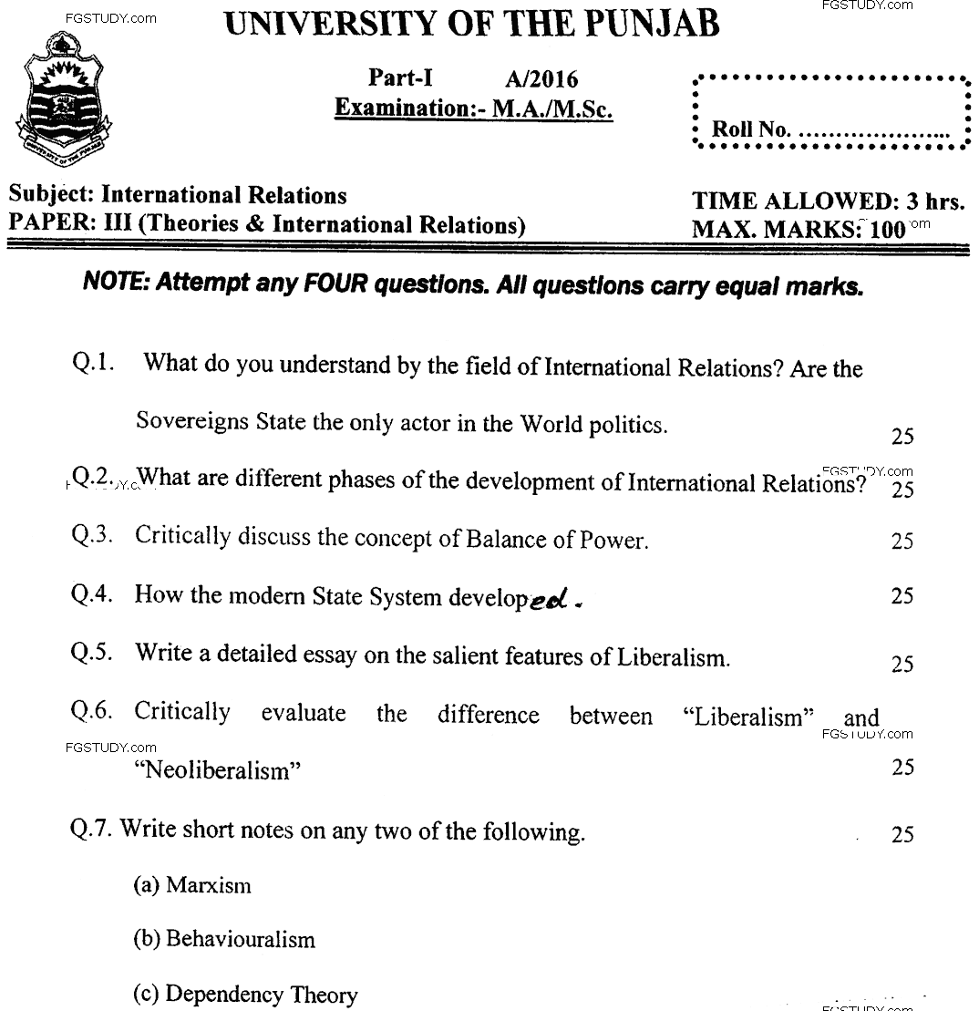 MA Part 1 International Relations Theories Of International Relations Past Paper 2016 Punjab University