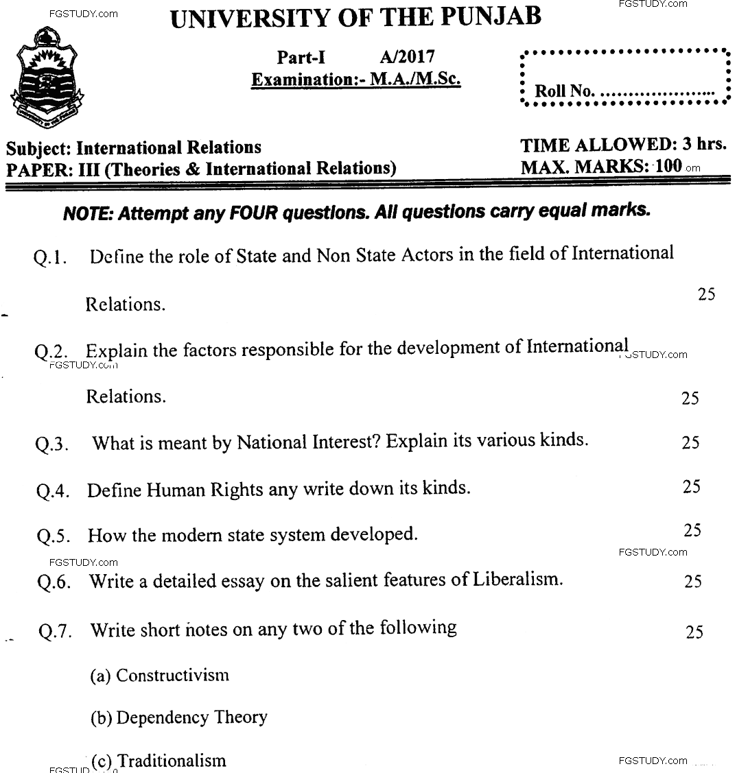MA Part 1 International Relations Theories Of International Relations Past Paper 2017 Punjab University