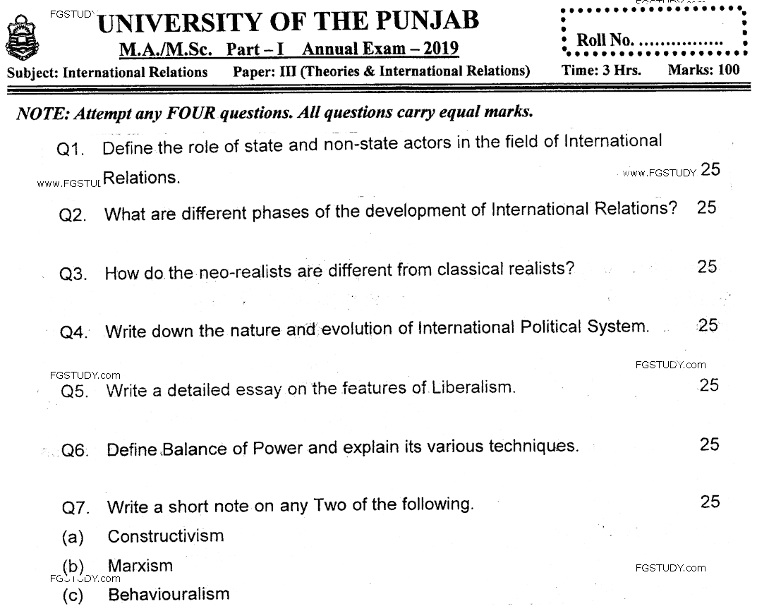 MA Part 1 International Relations Theories Of International Relations Past Paper 2019 Punjab University