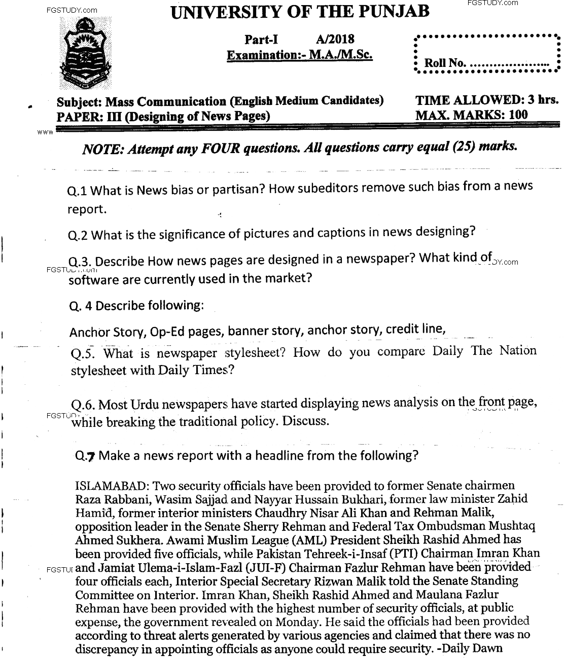 MA Part 1 Mass Communication Designing Of News Page Past Paper 2018 Punjab University