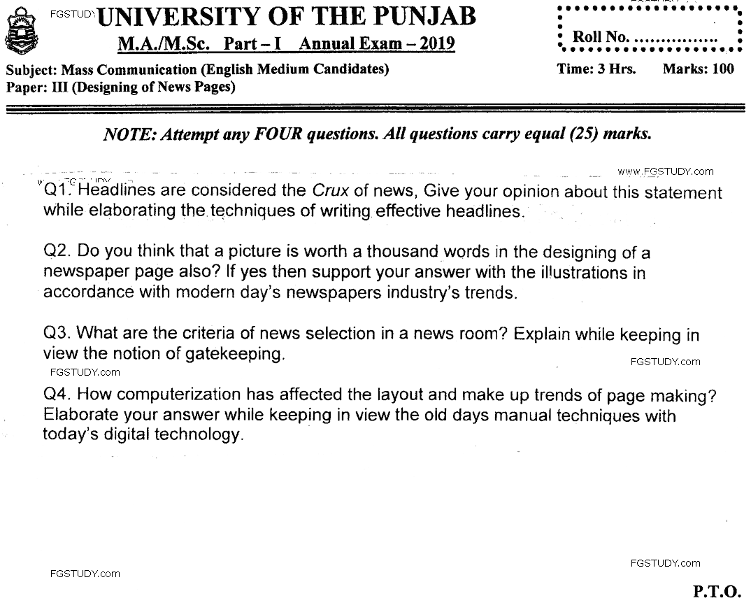 MA Part 1 Mass Communication Designing Of News Page Past Paper 2019 Punjab University