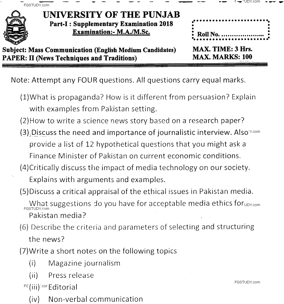 MA Part 1 Mass Communication News Technique And Tradition Past Paper 2018 Punjab University