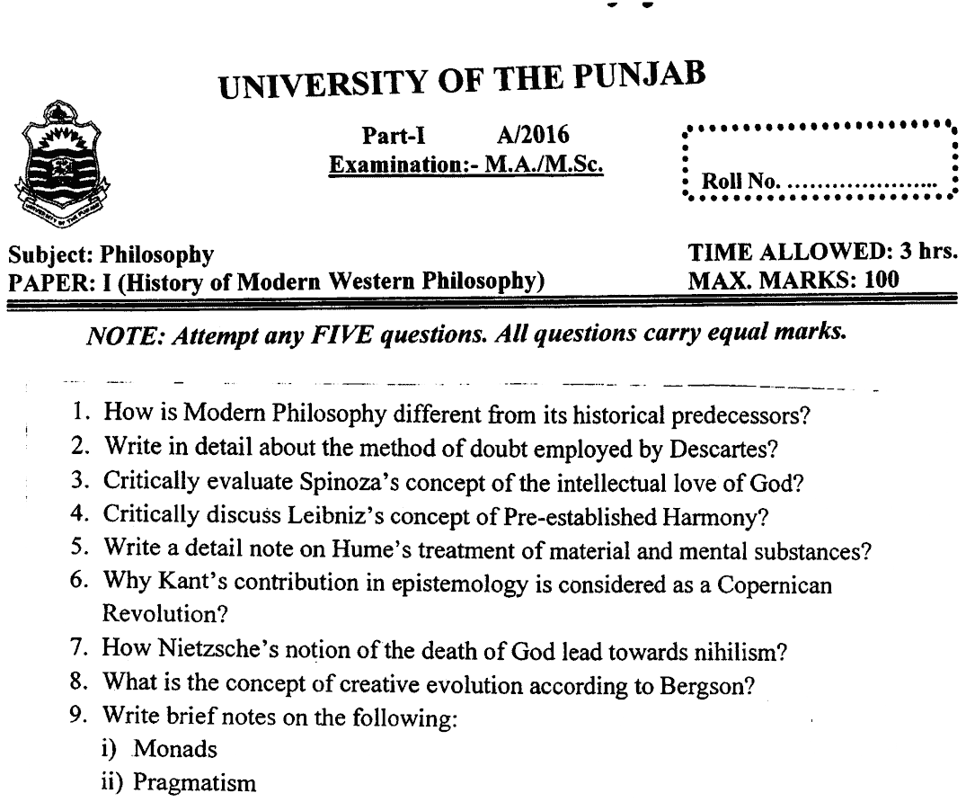 MA Part 1 Philosophy History Of Modern Western Philosophy Past Paper 2016 Punjab University