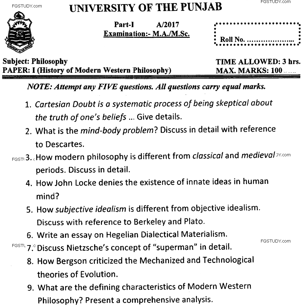 MA Part 1 Philosophy History Of Modern Western Philosophy Past Paper 2017 Punjab University
