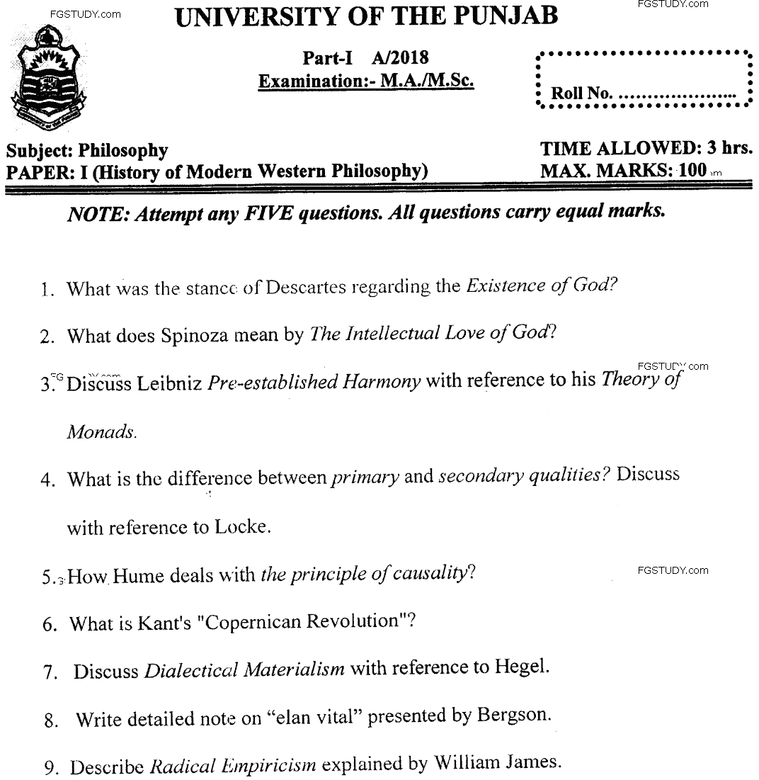 MA Part 1 Philosophy History Of Modern Western Philosophy Past Paper 2018 Punjab University