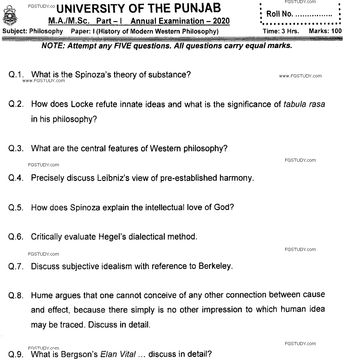 MA Part 1 Philosophy History Of Modern Western Philosophy Past Paper 2020 Punjab University