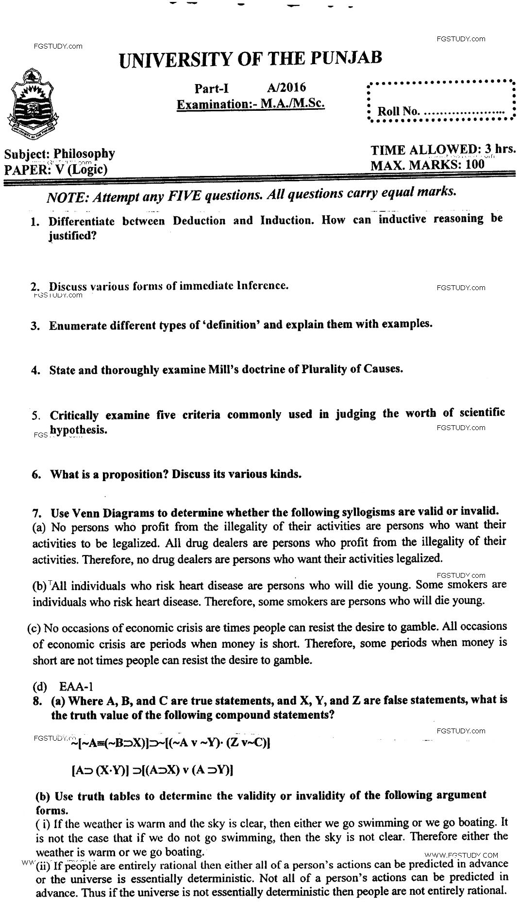MA Part 1 Philosophy Logic Past Paper 2016 Punjab University