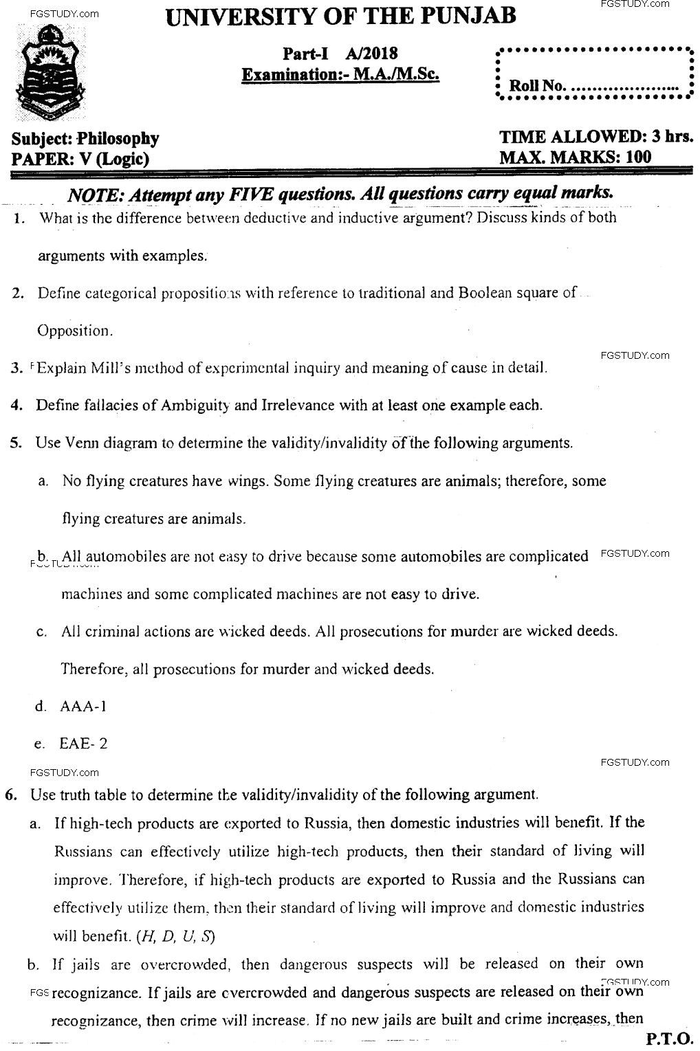 MA Part 1 Philosophy Logic Past Paper 2018 Punjab University
