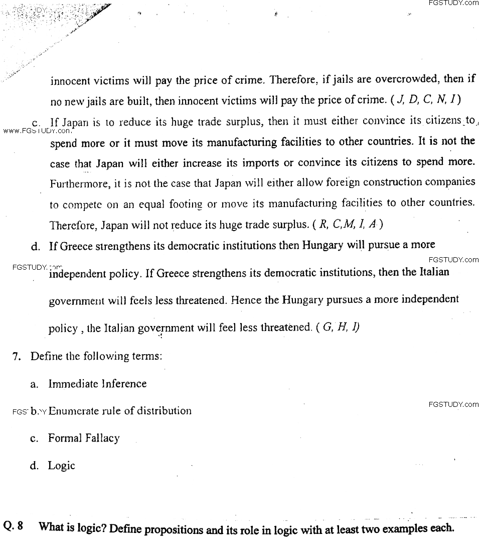 MA Part 1 Philosophy Logic Past Paper 2018 Punjab University