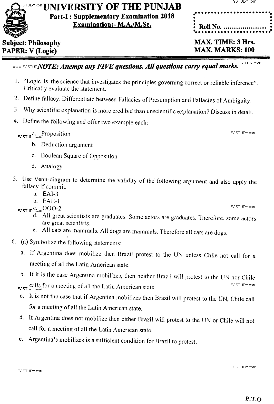 MA Part 1 Philosophy Logic Past Paper 2018 Punjab University