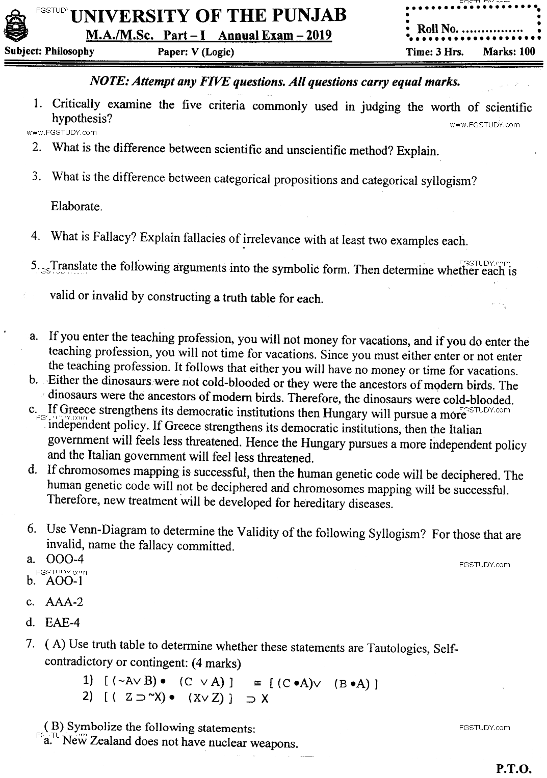 MA Part 1 Philosophy Logic Past Paper 2019 Punjab University