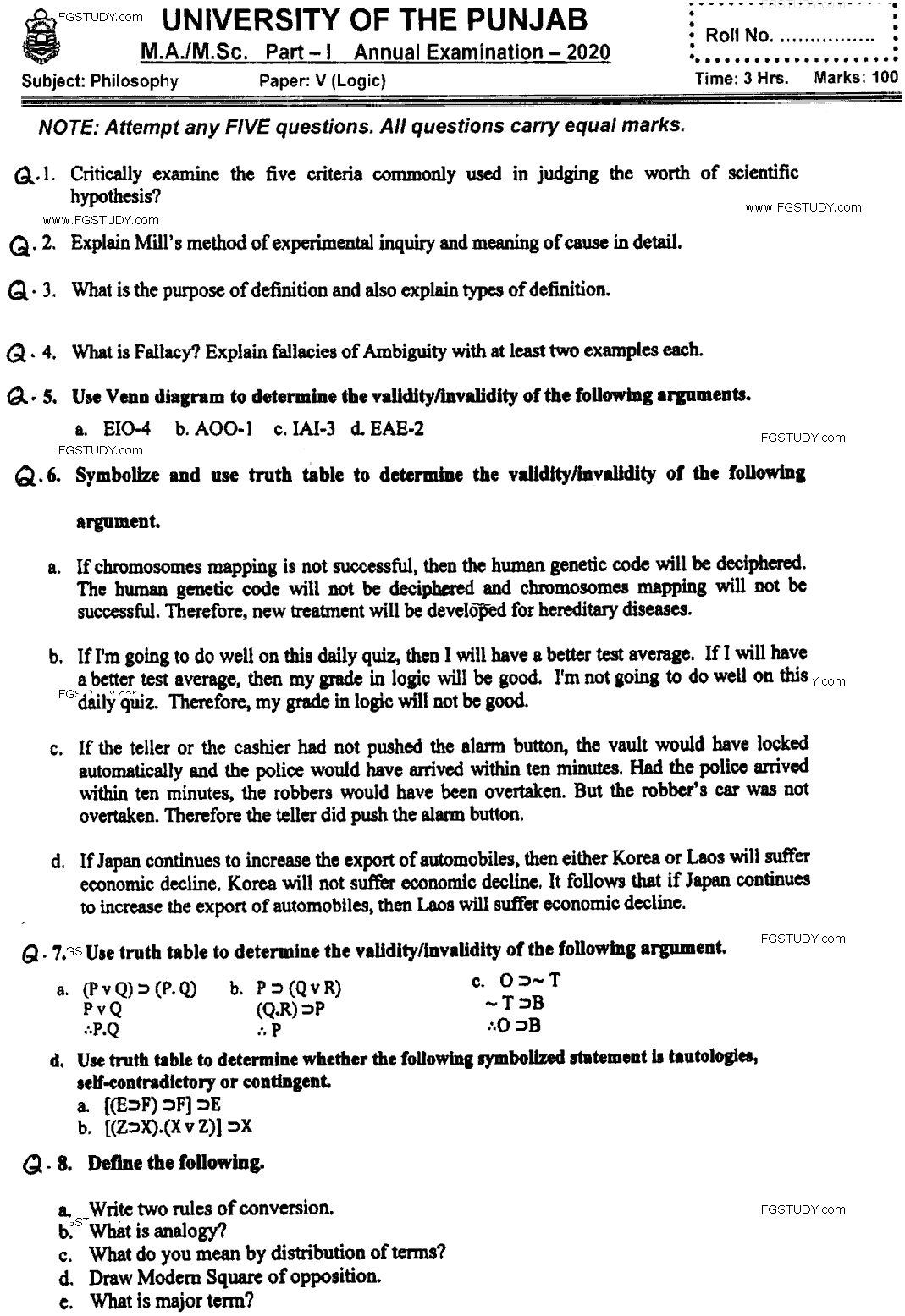 MA Part 1 Philosophy Logic Past Paper 2020 Punjab University