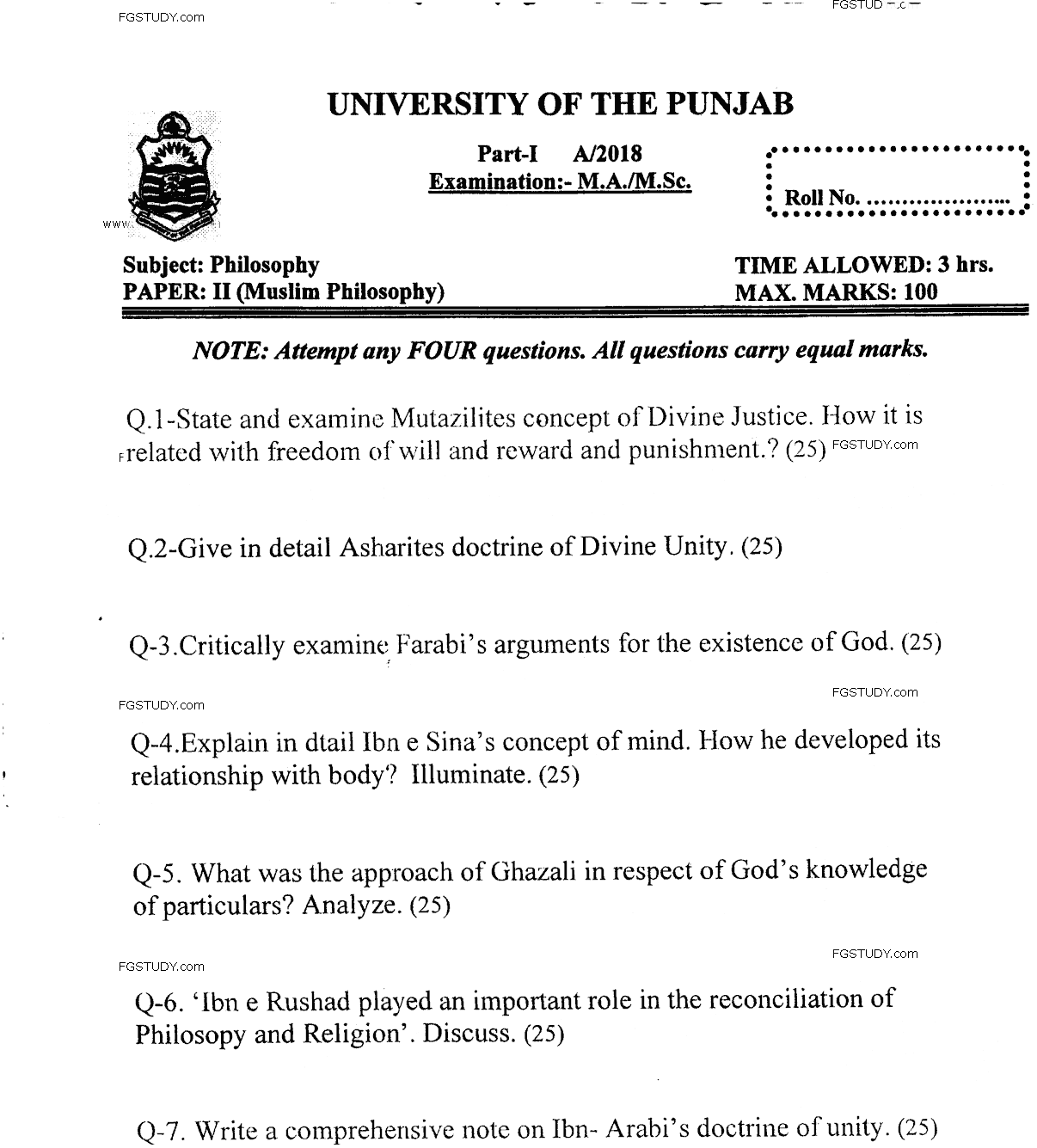 MA Part 1 Philosophy Muslim Philosophy Past Paper 2018 Punjab University